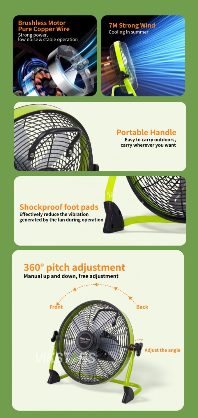 आउटडोर पोर्टेबल वेंटिलेटर रिचार्जेबल घरेलू आपातकालीन 12 इंच 14 इंच सौर मंजिल वेंटिलेटर शांत सौर ऊर्जा वेंटिलेटर 8